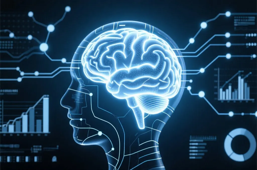 大脑与数字化数据流相连接的抽象概念图